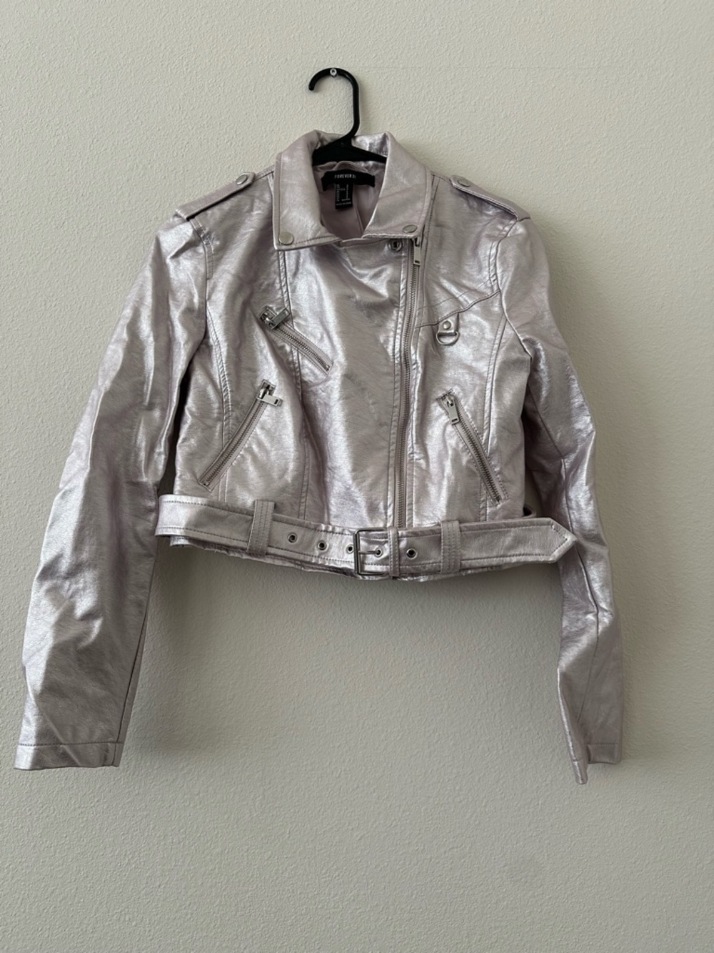Forever 21 Silver Metallic Cropped Moto Jacket & Skirt Set